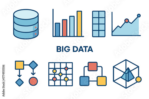 Flat design big data icons with graphs, charts, and flow diagrams