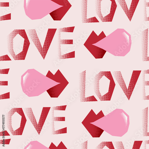 Seamless pattern with stylized red letters LOVE and pink arrows arranged in a repeating layout on a light background. Valentine’s Day design for wrapping paper, fabric prints, cards, and scrapbooking