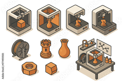 Isometric 3d printing icons set featuring printers and objects for technology and manufacturing