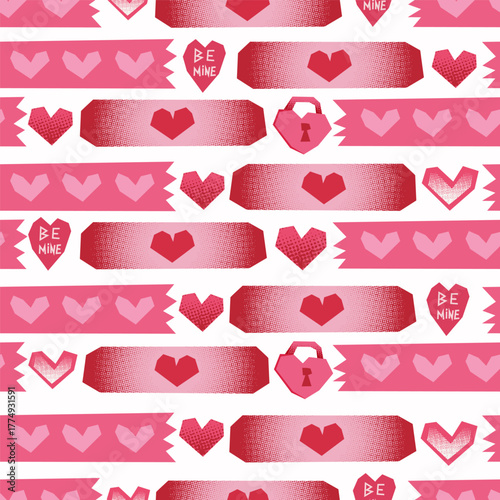Seamless pattern with pink and red hearts, ribbons, and text Be Mine arranged in horizontal lines on white background. Valentine’s Day design for wrapping paper, greeting cards, fabric, and decor