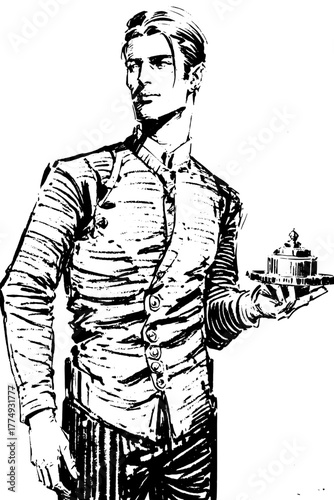 Stylized engraved illustration of a young man serving a dish with elegance in a vintage setting