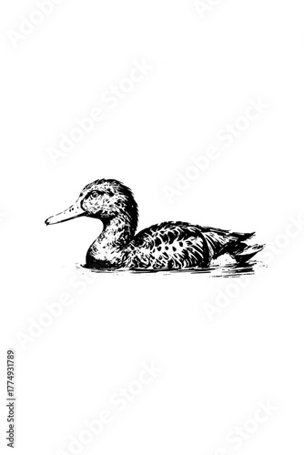Engraved illustration of a graceful duck swimming in calm waters showcasing the beauty of nature