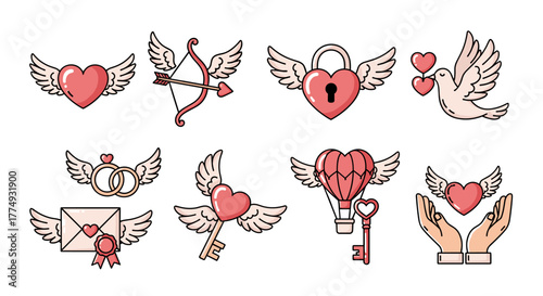 Collection of stylized winged hearts and romantic symbols, including a dove, cupid's bow and arrow, a padlock, wedding rings, an envelope, a hot air balloon, a key, and hands holding a heart, all