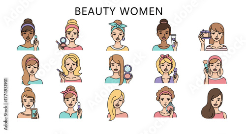 Collection of diverse women applying makeup and beauty products, showcasing various hairstyles, skin tones, and makeup tools like brushes, compacts, and lipsticks, presented in a clean, modern flat