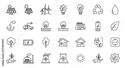 Collection of white line art icons representing renewable energy sources and environmental conservation, including solar panels, wind turbines, electric cars, batteries, light bulbs with leaves