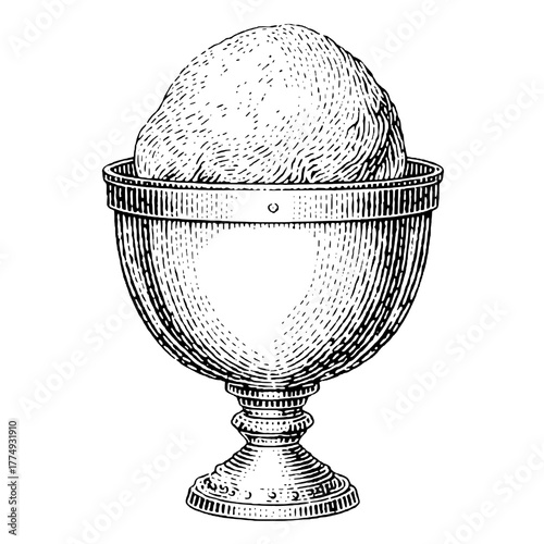 Engraved illustration of a classic dessert cup filled with a delicious scoop of ice cream, showcasing vintage style and detail