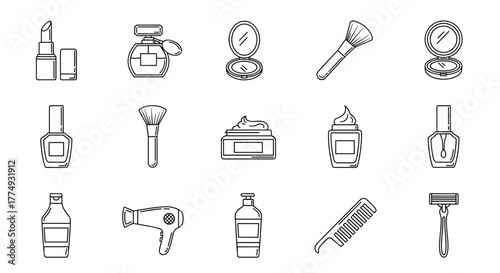 Collection of cosmetic and beauty icons, including lipstick, perfume bottle, makeup brush, nail polish, hair dryer, comb, razor, and skincare products, presented in a clean, minimalist outline style