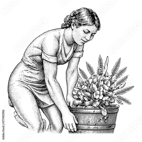 Engraved illustration of a woman tending to flowers in a basket during a sunny afternoon garden scene