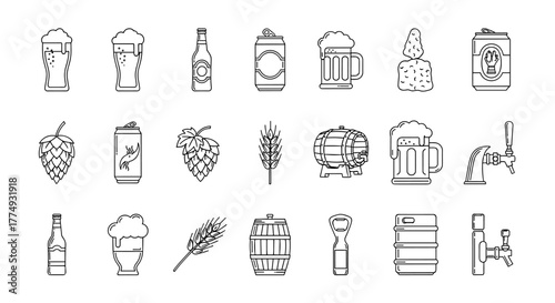 Collection of outline icons representing beer and brewing elements, including glasses, bottles, cans, hops, wheat, barrels, taps, and bottle openers, perfect for infographics, articles, books