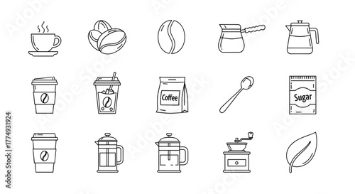 A collection of minimalistic outline icons representing coffee-related items, including cups, beans, coffee makers, grinders, sugar, and a leaf, perfect for web design, apps, social media, and