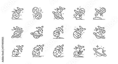 A collection of 9 thin line icons representing airplanes in flight, perfect for web, books, cards, and apps. This vector cartoon illustration features editable strokes and a white background