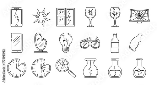 Collection of Broken Glass Related Line Icons, Outline Signs for Graphic and Web Design, Apps, Adverts, Various Cards, Vector Cartoon Illustration with a Cracked Smartphone Screen, Shattered Glass
