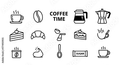 A charming collection of coffee-related icons presented in a clean, minimalist outline style, perfect for graphic design, web development, app interfaces, and advertising. This set includes coffee