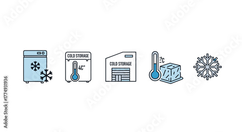 Minimalistic vector cartoon illustrations depicting cold storage concepts, including a refrigerator with snowflakes, a thermometer showing 4°C, a cold storage building, a thermometer next to an ice
