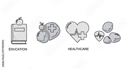 Modern outline style icons representing Education and Healthcare, featuring a book with an apple and a heart with a pulse line and cross, set against a clean white background, perfect for design
