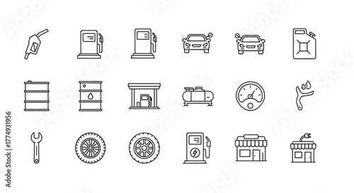 Collection of minimalistic linear pictograms representing gas station elements, including fuel pumps, cars, fuel cans, barrels, a wrench, tires, a gauge, and a service station, all with editable
