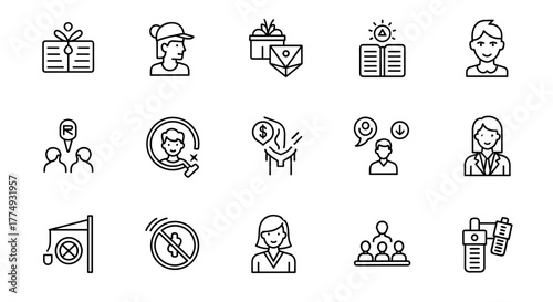 A collection of diverse line icons representing business, finance, and social interactions, including gifts, people profiles, financial symbols, communication bubbles, and professional attire, all