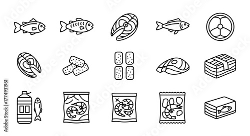 Modern outline style icons of frozen fish and seafood products, including whole fish, fish steaks, packaged shrimp, and canned fish, presented as a clean, ordered set suitable for design elements on