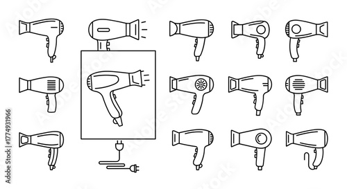 Collection of outline line icons representing various hair dryers, perfect for graphic and web design, apps, adverts, and various cards. This vector cartoon illustration features a white background