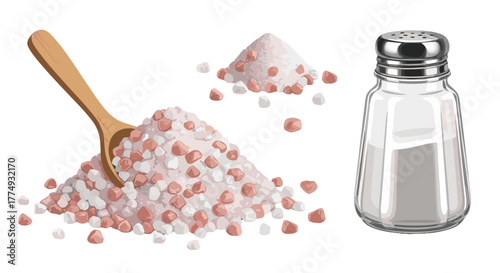 Vivid illustration of pink and white sea salt grains, some scattered and some piled with a wooden spoon, alongside a clear glass salt shaker filled with fine salt powder, representing a natural