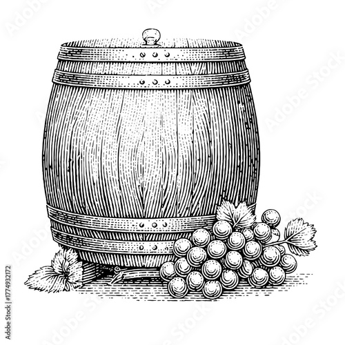 Engraved illustration of a wooden barrel with grapes and leaves showcasing traditional winemaking elements