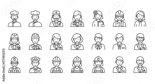 Diverse professions line art icon set featuring chefs, doctors, engineers, police officers, and business professionals, representing various careers and staff in a clean, editable vector illustration