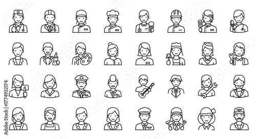 Diverse Professions Line Icon Set: A Comprehensive Collection of Editable Career Avatars, Featuring People, Characters, Staff, and Various Professions for Vector Illustrations, Showcasing a Wide