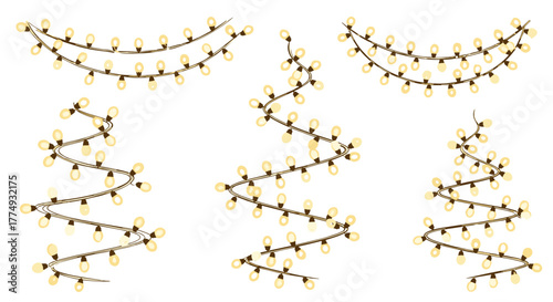 Set of golden Christmas light garlands with sparkles, Christmas lights on a black background for greetings, advertising design of invitations, web banners, and festive decorations, glowing warm