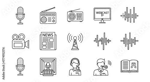 Diverse podcast and broadcasting icon set featuring a vintage microphone, modern radio, computer webcast screen, audio waveforms, video camera, newspaper, broadcast tower, and professional