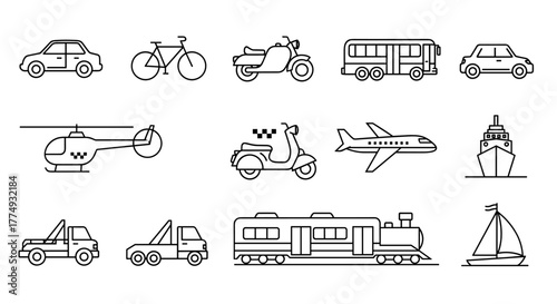 A comprehensive collection of transport icons, featuring a diverse range of vehicles including cars, bicycles, airplanes, trains, motorcycles, buses, scooters, taxis, helicopters, ships, trucks, and