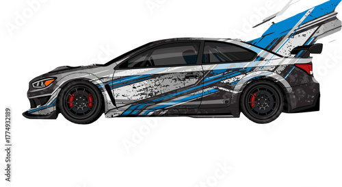 Dynamic abstract grunge graphic vector design for a sports car livery, featuring bold blue and white racing stripes and distressed textures, perfect for vehicle vinyl wraps and automotive branding.