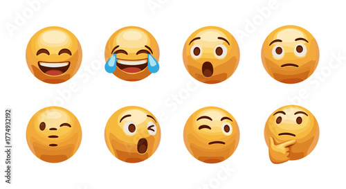A vibrant and realistic 3D set of diverse emoji expressions, captured from various viewpoints, presented in an orderly line against a clean white background, ideal for digital communication and