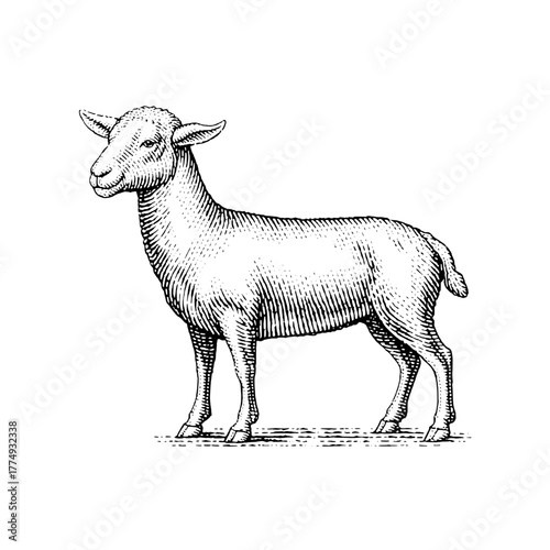 Engraved illustration of a sheep standing gracefully in a rustic setting with detailed textures and lines