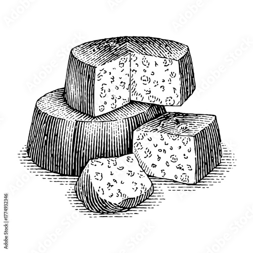Engraved illustration of assorted cheese pieces showcasing textures and shapes in a rustic style