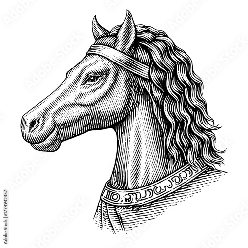 Engraved illustration of a majestic horse head with elegant details and fine lines in a decorative style