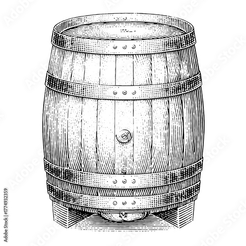 Engraved illustration of a wooden barrel showcasing detailed craftsmanship in a vintage style