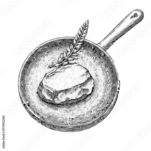 Engraved illustration of a frying pan with a piece of meat and a sprig of wheat