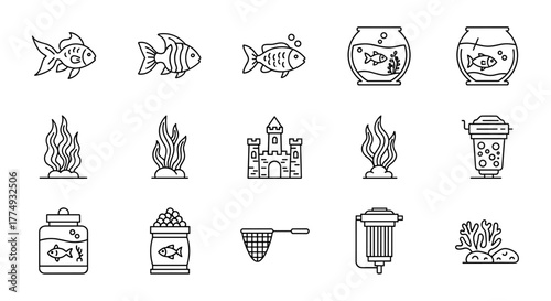 A collection of minimalistic line art icons depicting various elements related to aquariums and aquatic life, including different fish species, aquatic plants, fishbowls, a castle decoration, fish