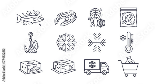 Frozen Fish Line Icon Bundle: A comprehensive collection of outline signs for graphic and web design, apps, adverts, and various cards, featuring cartoon illustrations of fish, snowflakes