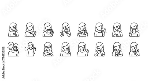Collection of outline icons depicting an unrecognizable female user interacting with various digital devices and objects, showcasing modern lifestyle and technology usage in a clean, vector cartoon