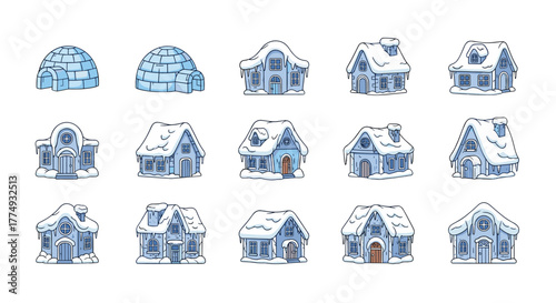 Collection of charming cartoon-style frozen houses and igloos, isolated on a black background, perfect for winter-themed designs, websites, books, cards, and apps, offering a variety of architectural