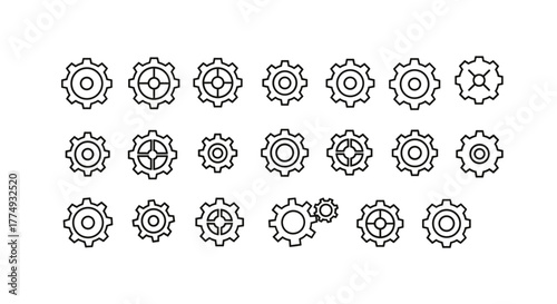 A collection of 18 white line art gear and cogwheel icons, representing settings and mechanisms, arranged in three rows on a stark black background, symbolizing industry, technology, and mechanical