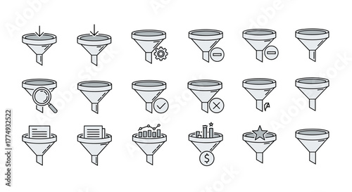Set of minimalistic funnel icons and pictograms for web and graphic design, apps, banners, social networks, and cards. Vector cartoon illustrations depicting various funnel concepts like data