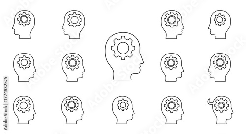 Set of 12 outline gear icons in a grid layout, symbolizing ideas, creativity, and mechanical processes. These versatile vector graphics are perfect for web design, app development, advertising, and