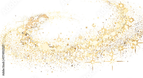 Vivid glistering stardust with sparkling light, a festive glow and magical shine create a luxurious holiday atmosphere, a swirling galaxy of golden particles and starbursts on a black background