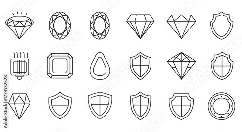 Collection of simple thin line icons featuring various gemstones and shield shapes, perfect for web design, book illustrations, card graphics, and app interfaces, presented as a clean vector cartoon