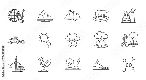 Global warming minimalistic outline icons set for web and graphic design, apps, banners, social networks, and cards. Vector cartoon illustration depicting environmental issues like melting glaciers