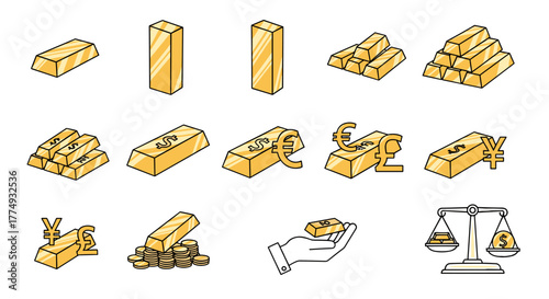Collection of isometric gold bars and coins with currency symbols, perfect for financial infographics, business articles, investment books, and promotional flyers, banners, and websites. Editable