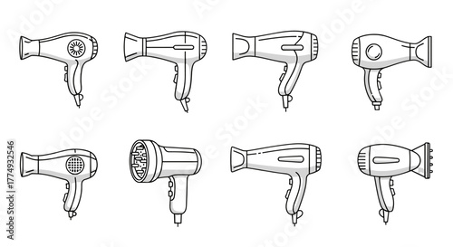 Collection of eight stylized, minimalist vector illustrations of hair dryers, presented in a clean, flat design with a white background, ideal for web, print, and digital applications, showcasing