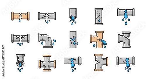 Set of isolated vector cartoon illustrations depicting various broken pipes with water leaks, symbolizing plumbing issues, damage, and maintenance needs, presented on a black background for graphic